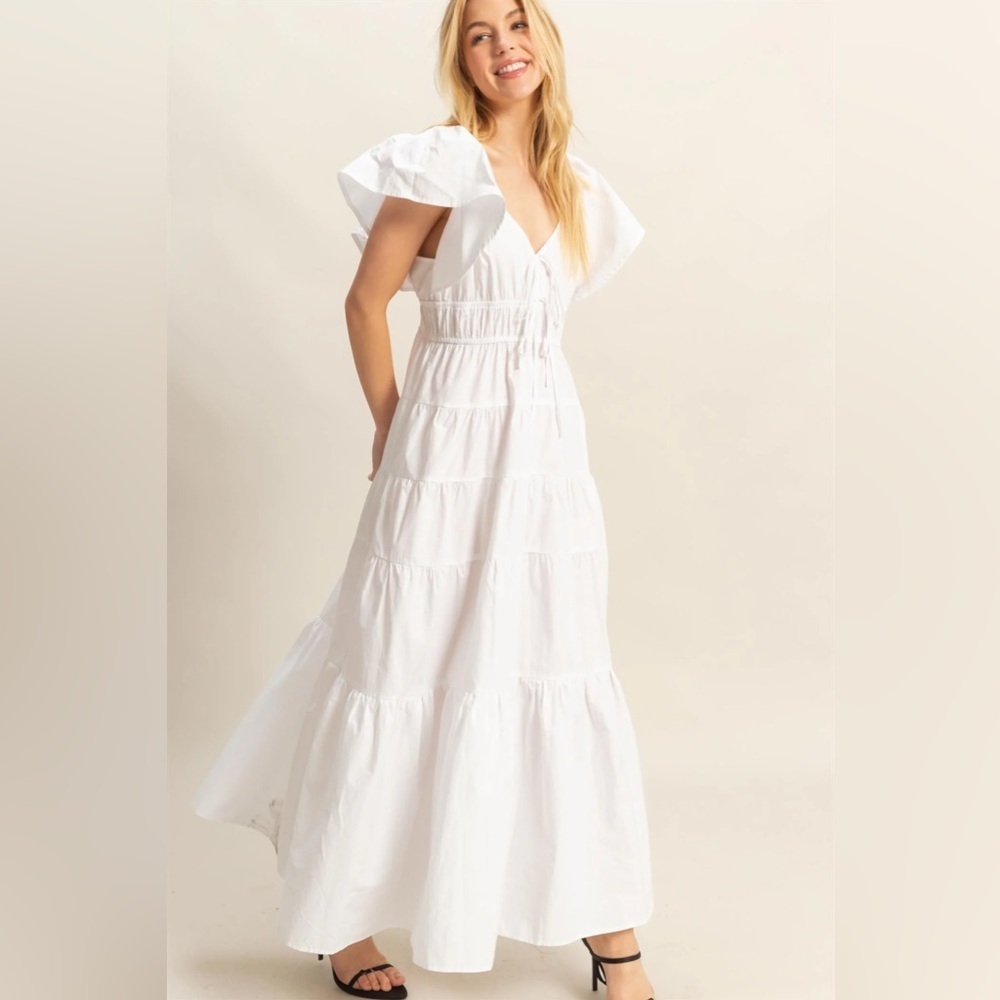NEW HYFVE White Flutter Sleeve Tiered Cotton Maxi Dress Size Small - Picture 4 of 7